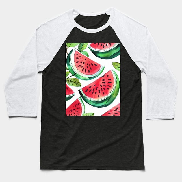 Summer Melon Medley - Refreshing Watermelon Pattern Baseball T-Shirt by MBSCREATIVES